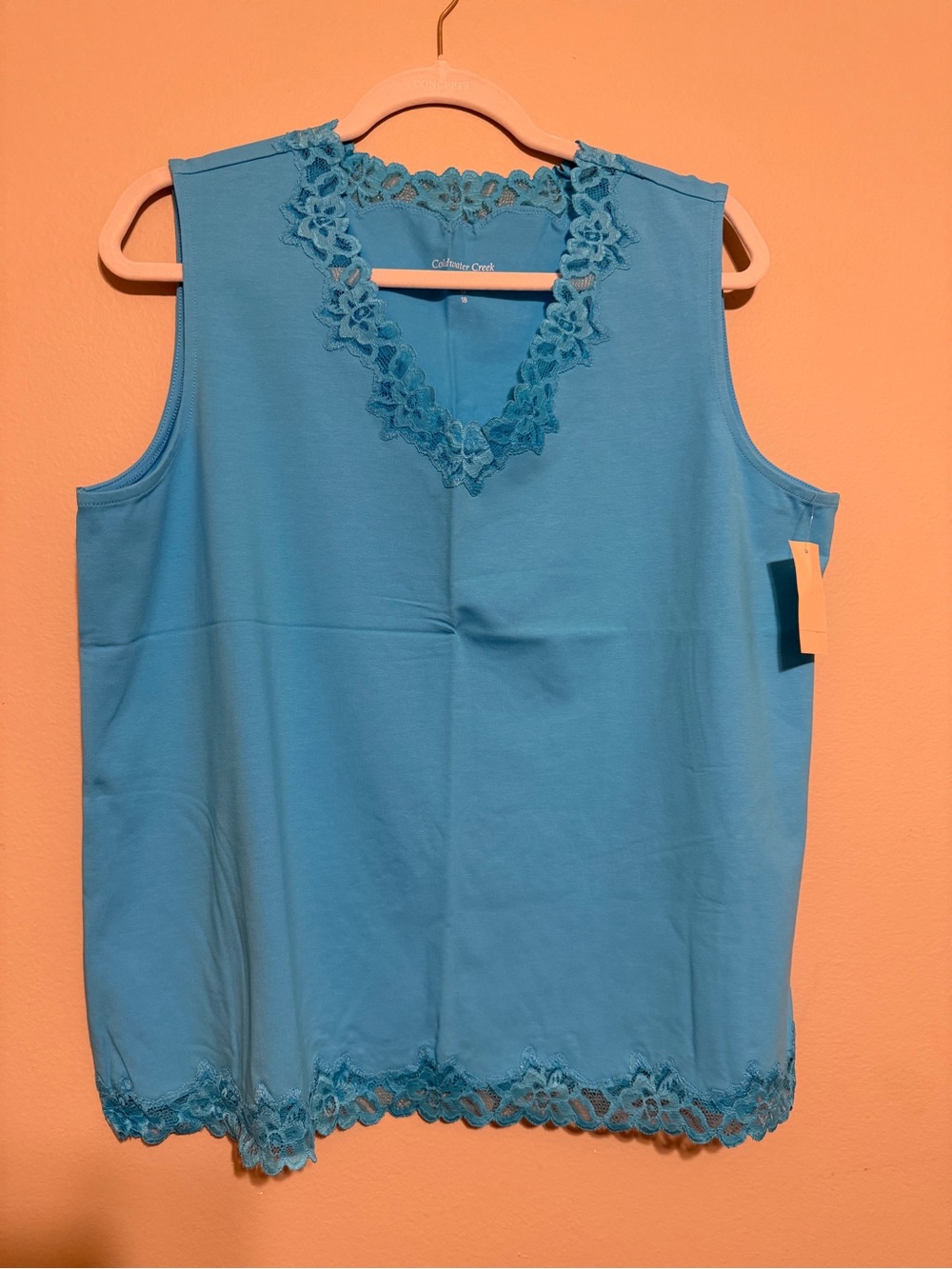 NWT Coldwater Creek Double Lace Tank 1X 18 Turquoise Blue Cotton Stretch Top